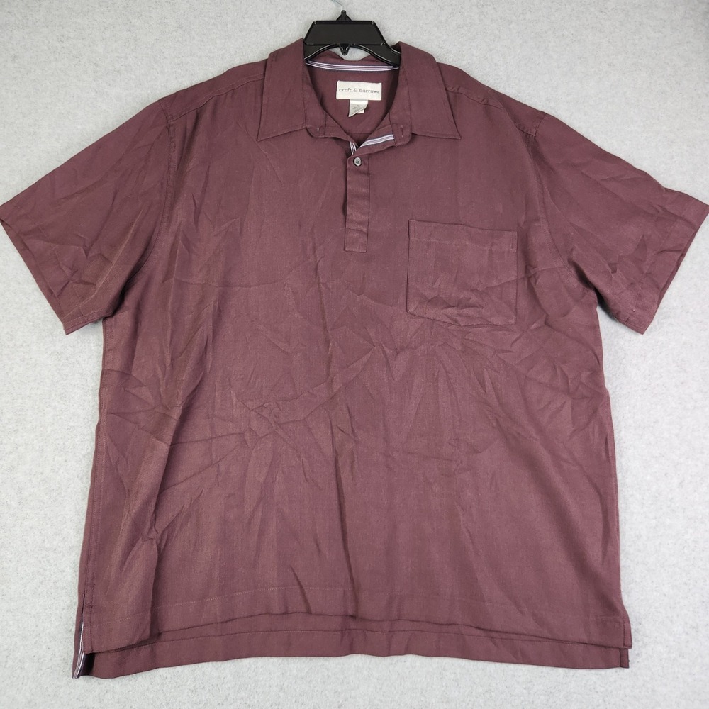 Croft & Barrow Polo Shirt Men XL Burgundy Chest Pocket Short Sleeve Hig Low Slit
